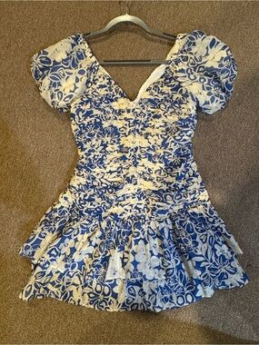 NWT Fortunate One Ruched Floral Mini Dress in Blue and Cream
